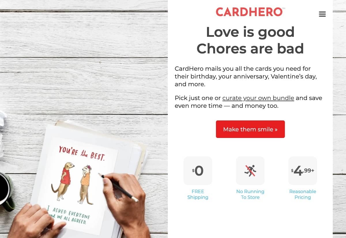 Screenshot of CardHero, the easier way to get amazing greeting cards for someone special